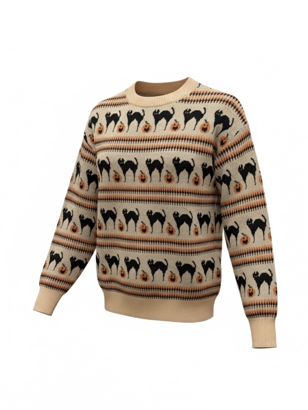 Beige Patterned Knit Sweater with Halloween Motif